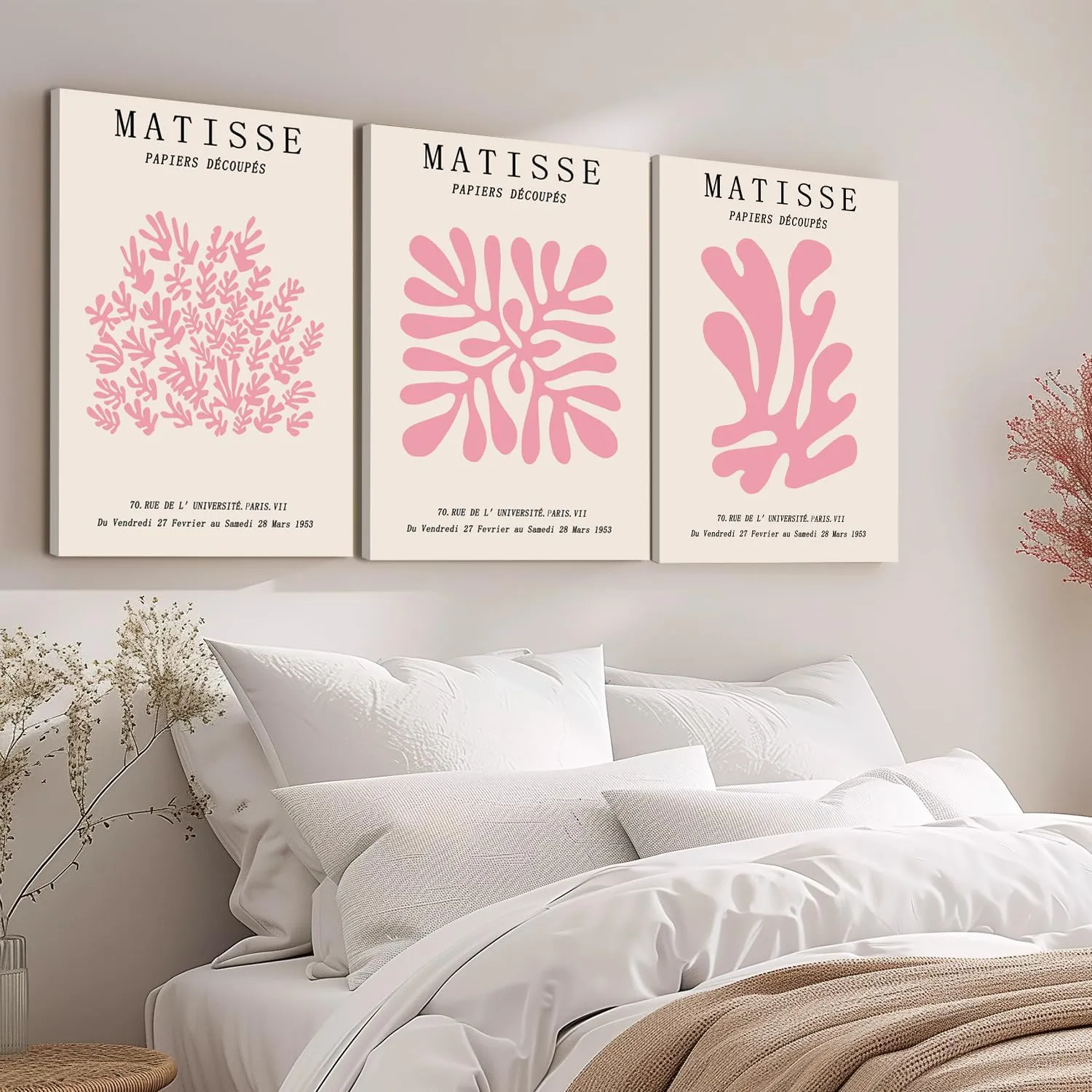 yulihaz Matisse Pink Flower Canvas Wall Art Set of 3, Pink Henri Matisse Abstract Posters Print Minimalist Preppy Pictures Wall Decor Aesthetic for Bedroom Living Room Framed 12x16 In