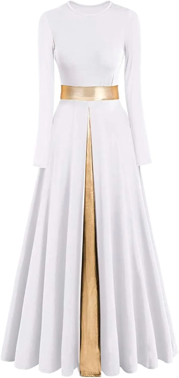 Z&X Praise Dance Modern Worship Liturgical Long Dresses for Women Metallic Color Block Church Robe Lyrical Dancewear