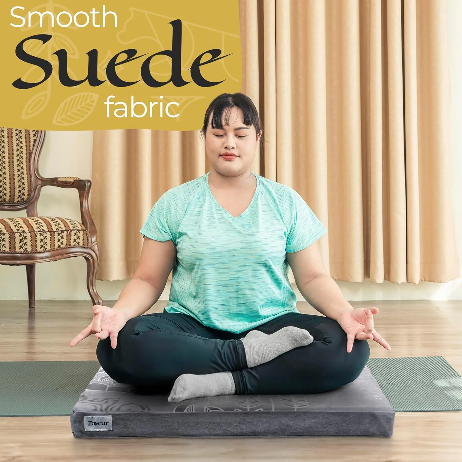 Zaveur Royal Court Meditation Mat With Velvet Cover - 24" x 24" Square Zabuton Thick Yoga Mat - Non Slip Exercise Mat for Home Workout - Thick Foam Exercise Floor Mat for Zafu or Bench