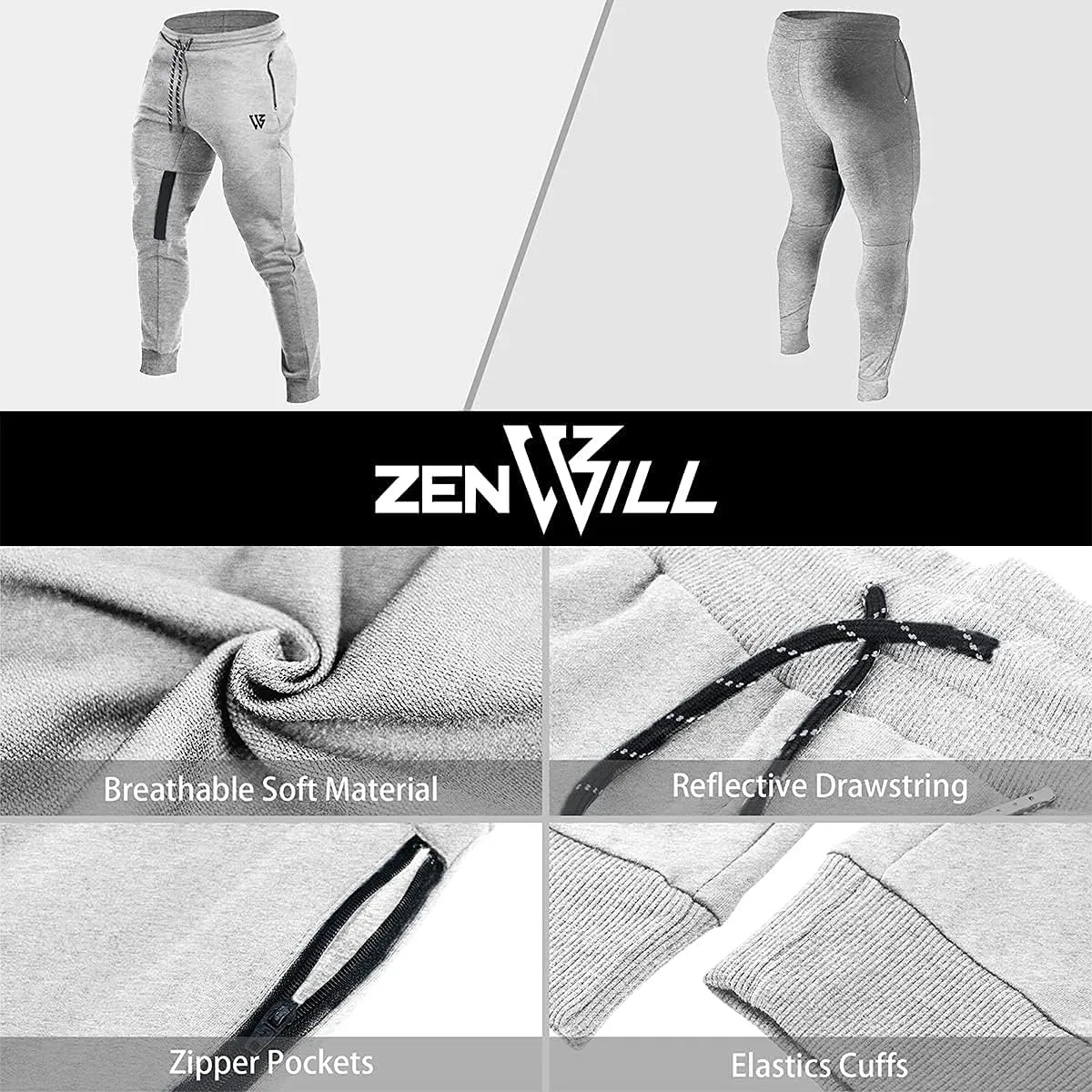 ZENWILL Mens Tapered Workout Running Pants,Gym Jogger Training Sweatpants Slim Fit with Zip Pockets