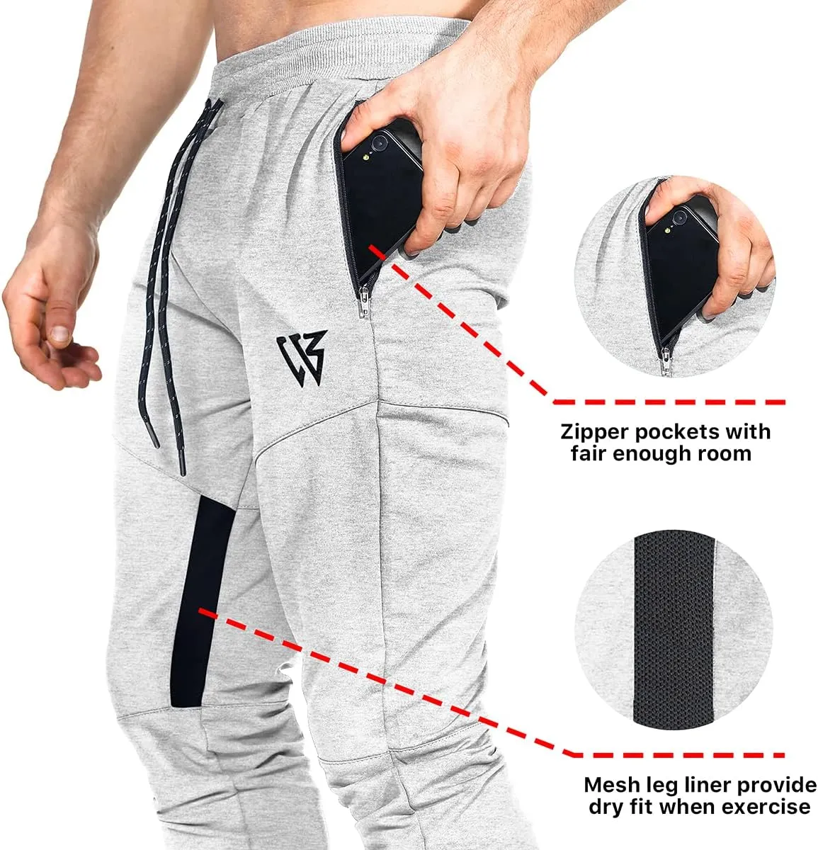 ZENWILL Mens Tapered Workout Running Pants,Gym Jogger Training Sweatpants Slim Fit with Zip Pockets