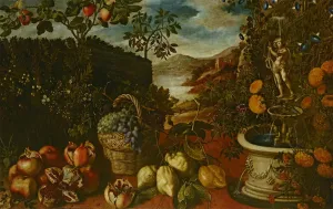 ZhiChengHflBM Famous Picture Poster Painting Print Poster Grapes in a Basket and Citrons in a Formal Garden by Tomas Hiepes Vintage Painting Print for Home Decor 60x90cm