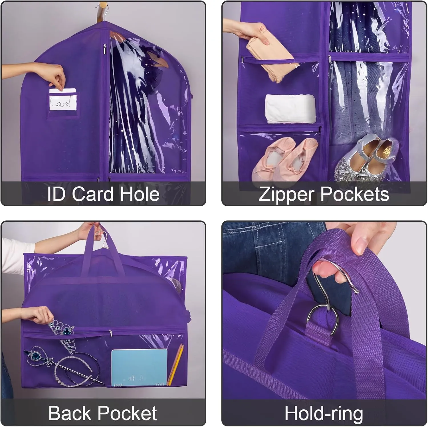 Zilink Clear Dance Costume Garment Bag for Dancers 40" Garment Bag for Dance Competitions with 5 Clear Zipper Pockets and Handles for Dance Competition Closet Storage, Purple, 3 Pack
