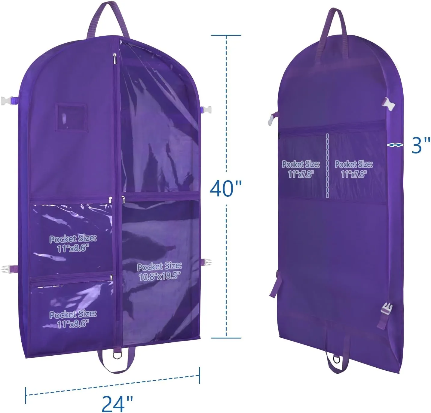 Zilink Clear Dance Costume Garment Bag for Dancers 40" Garment Bag for Dance Competitions with 5 Clear Zipper Pockets and Handles for Dance Competition Closet Storage, Purple, 3 Pack