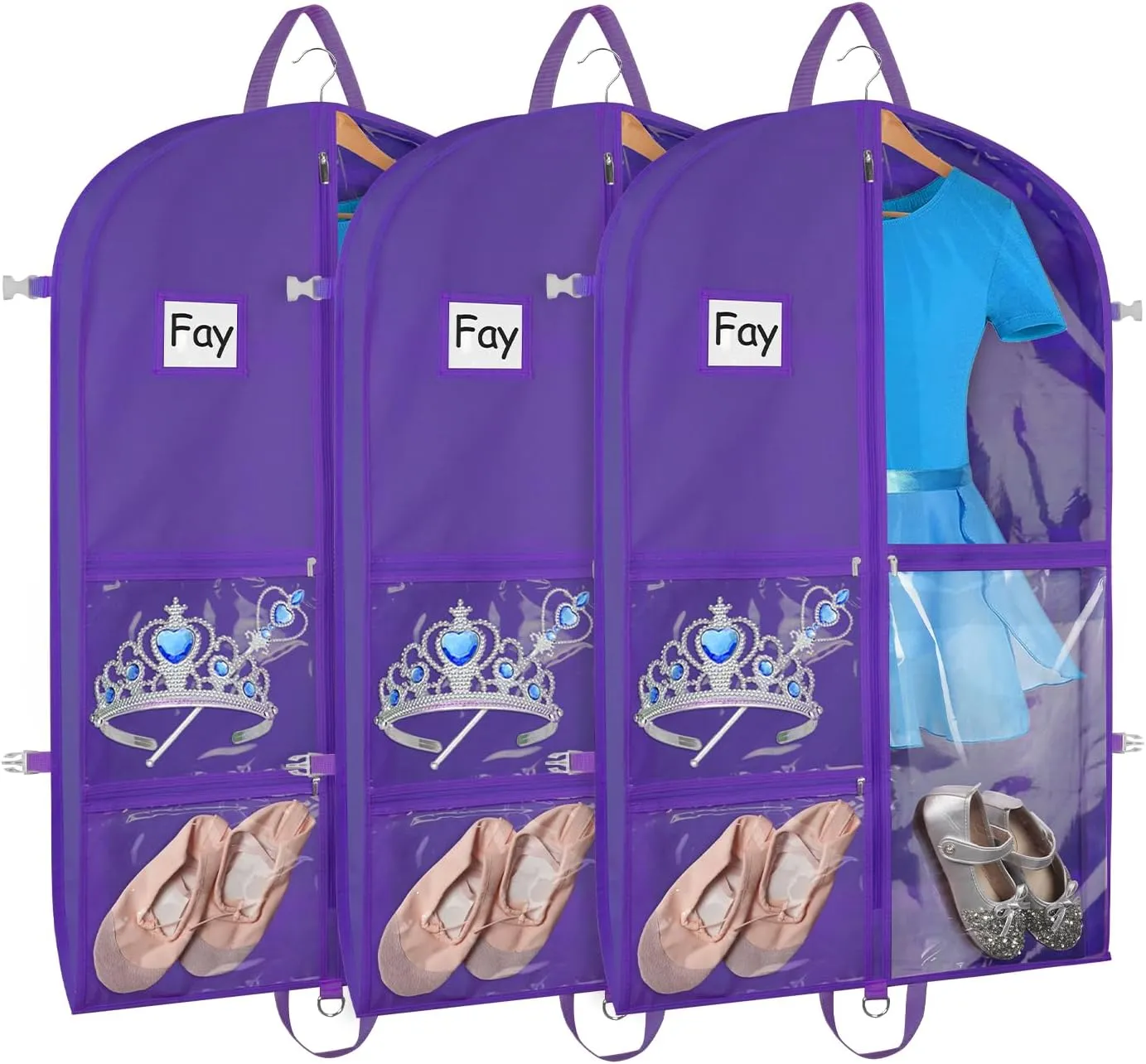 Zilink Clear Dance Costume Garment Bag for Dancers 40" Garment Bag for Dance Competitions with 5 Clear Zipper Pockets and Handles for Dance Competition Closet Storage, Purple, 3 Pack