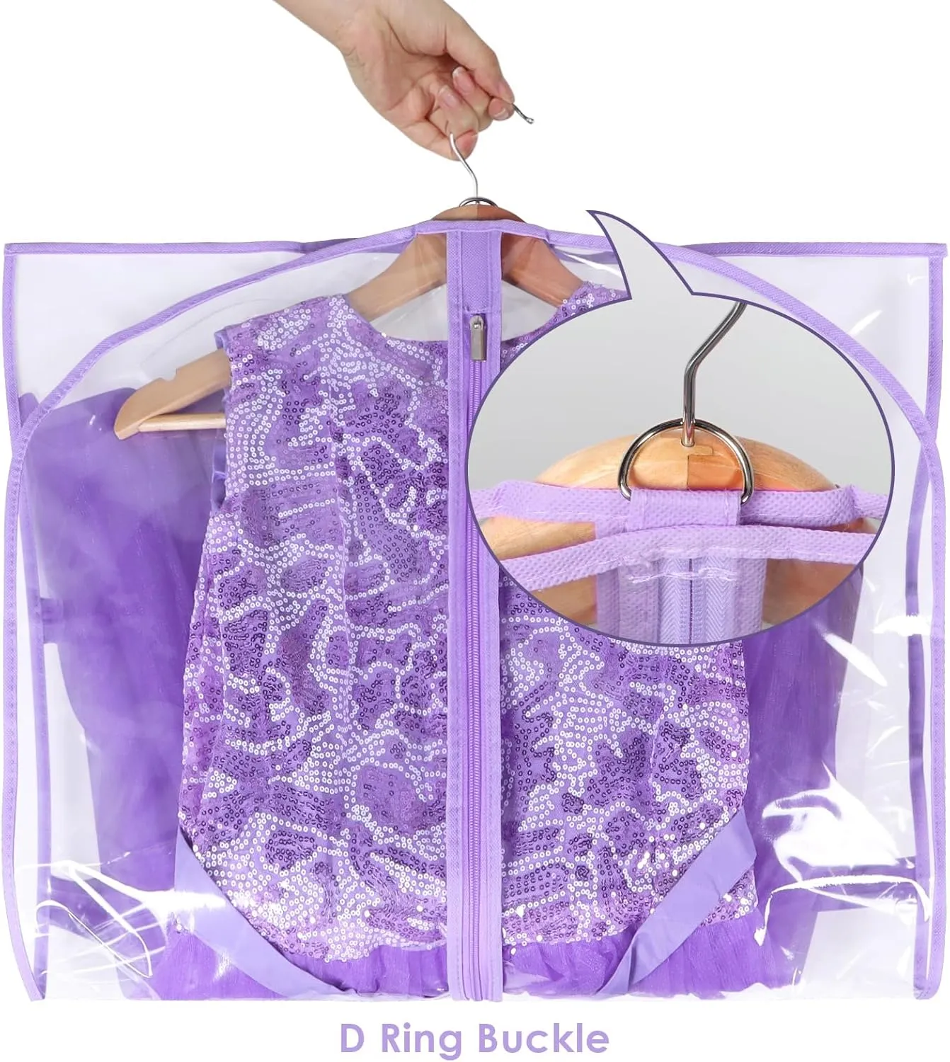 Zilink Clear Garment Bag for Dance Costumes 40” Clear PVC Dance Competition Bags Kids Garment Bag with 3 Clear Zipper Pockets for Competition and storage，Set of 4 (Clear/Purple)