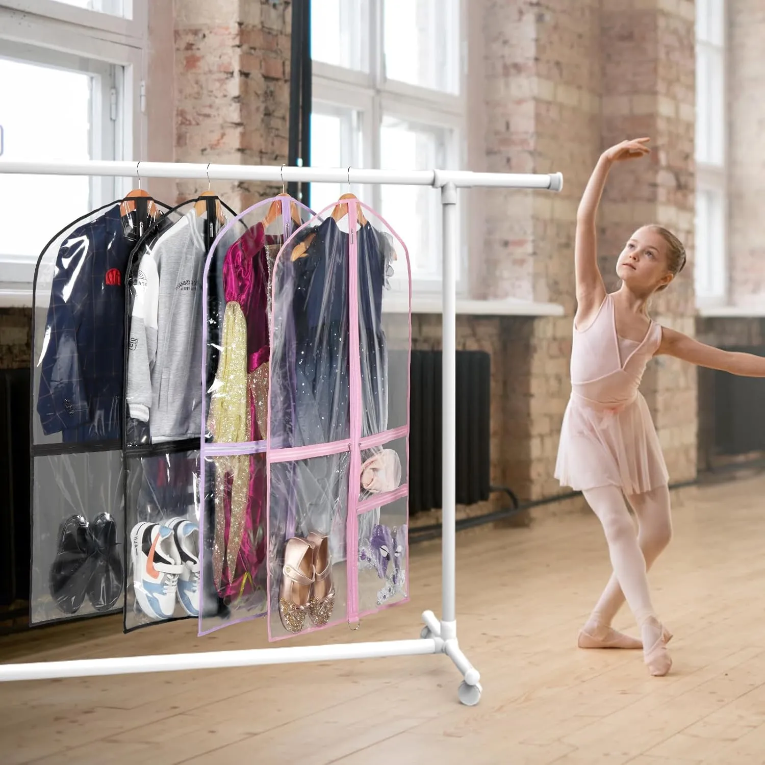 Zilink Clear Garment Bag for Dance Costumes 40” Clear PVC Dance Competition Bags Kids Garment Bag with 3 Clear Zipper Pockets for Competition and storage，Set of 4 (Clear/Purple)