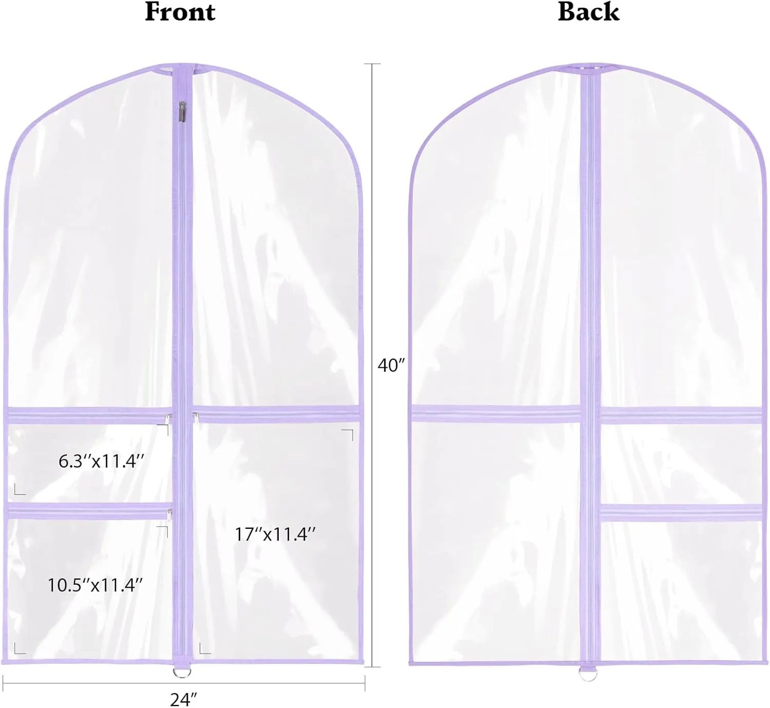 Zilink Clear Garment Bag for Dance Costumes 40” Clear PVC Dance Competition Bags Kids Garment Bag with 3 Clear Zipper Pockets for Competition and storage，Set of 4 (Clear/Purple)
