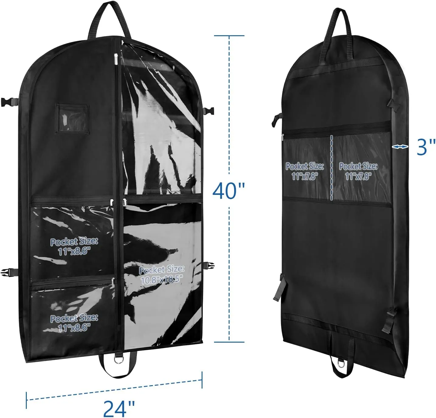Zilink Dance Costume Garment Bag 40 Inch Garment Bag for Dance Competition with 5 Clear Zipper Pockets and Handles for Dance Competition Closet Storage, Black, 3 Pack