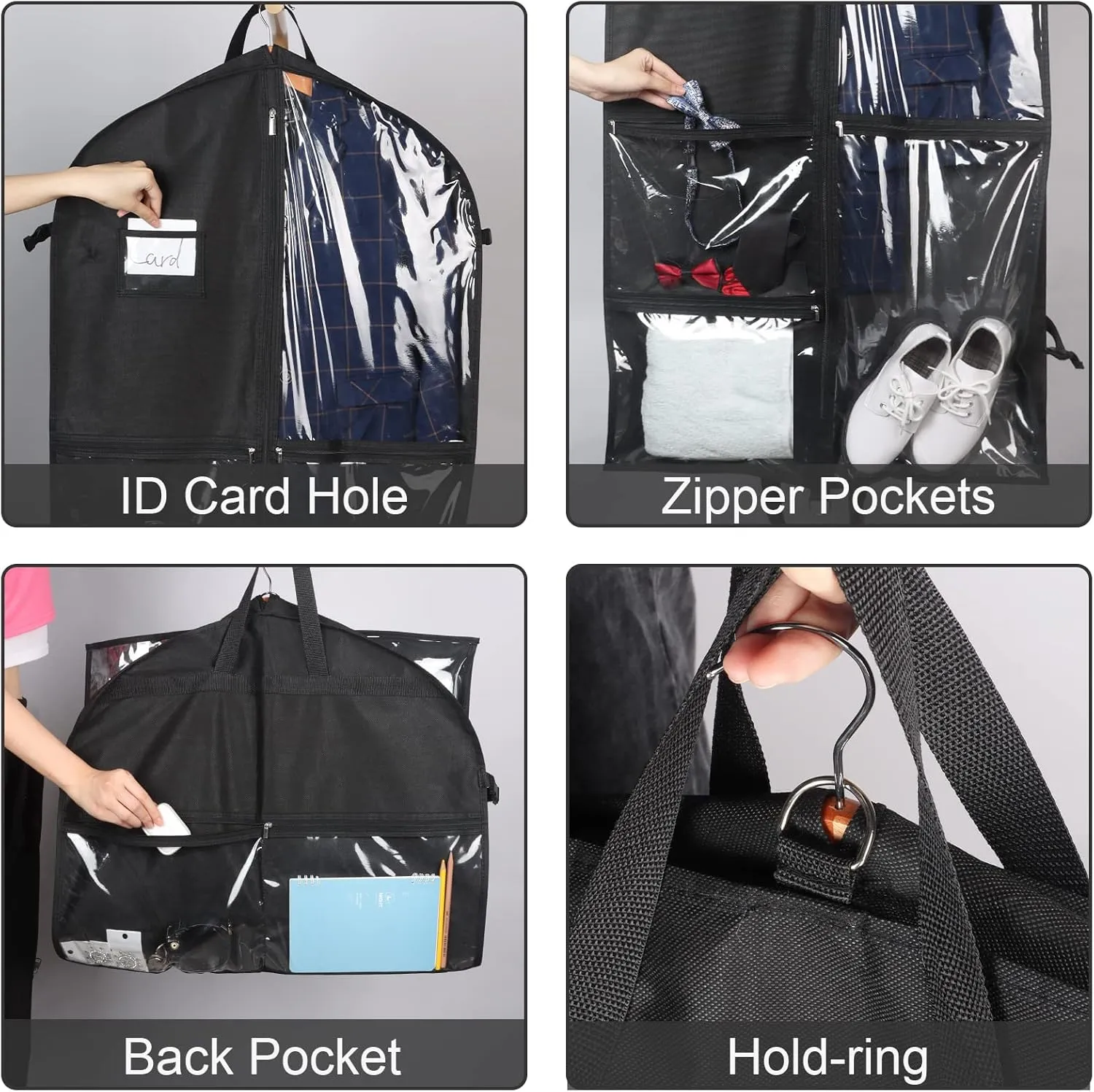 Zilink Dance Costume Garment Bag 40 Inch Garment Bag for Dance Competition with 5 Clear Zipper Pockets and Handles for Dance Competition Closet Storage, Black, 3 Pack