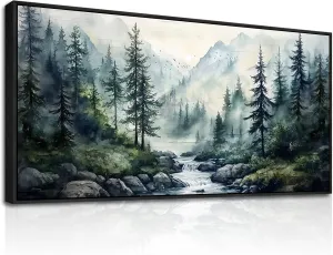ZUITINGHUA Large Black Framed Wall Decor For Living Room Canvas Wall Art For Office Modern Wall Decorations For Bedroom Misty Forest Painting Tree landscape Pictures Artwork Home Decor 24x48 In